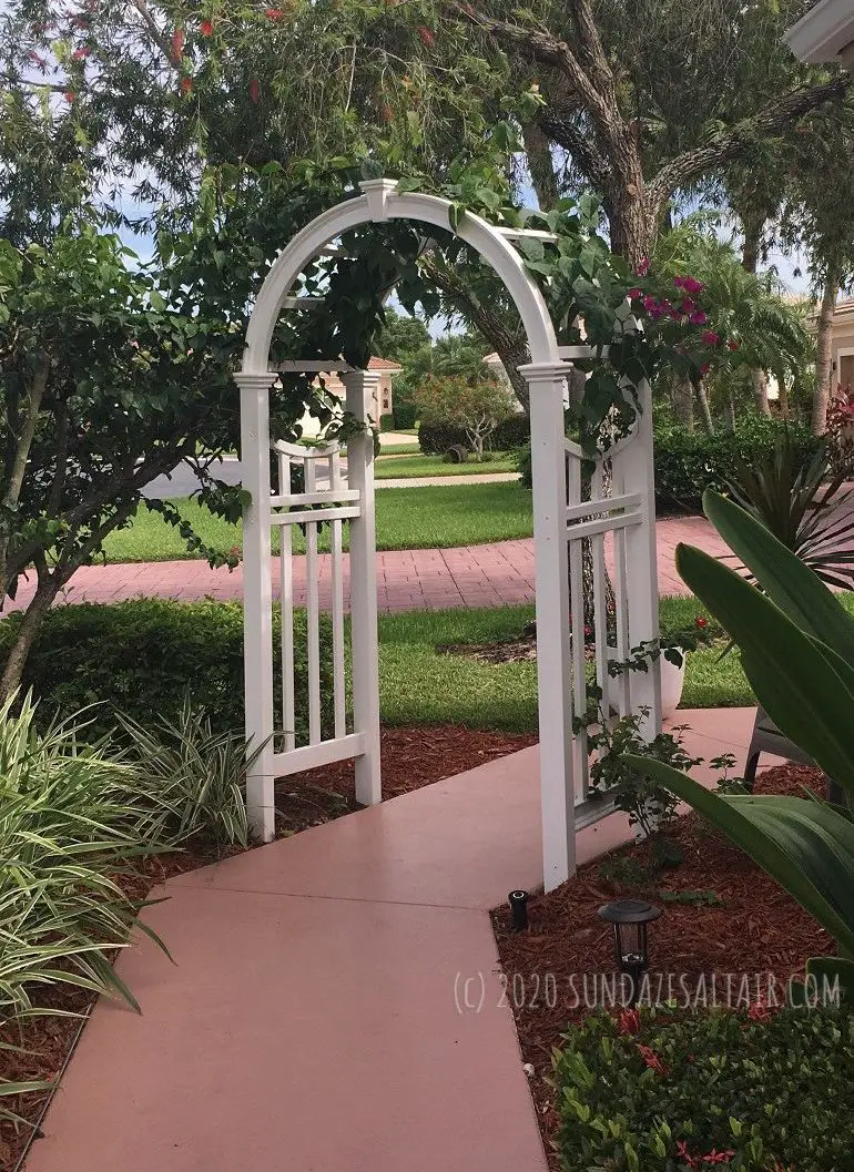 Quaint white, flower-covered arbor archway over garden path