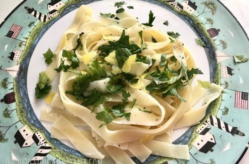 Easiest, Simple But Delicious Summer Pasta Dish Using Fresh Parsley From Garden And Lemon Zest On Nautical-Inspired Plate