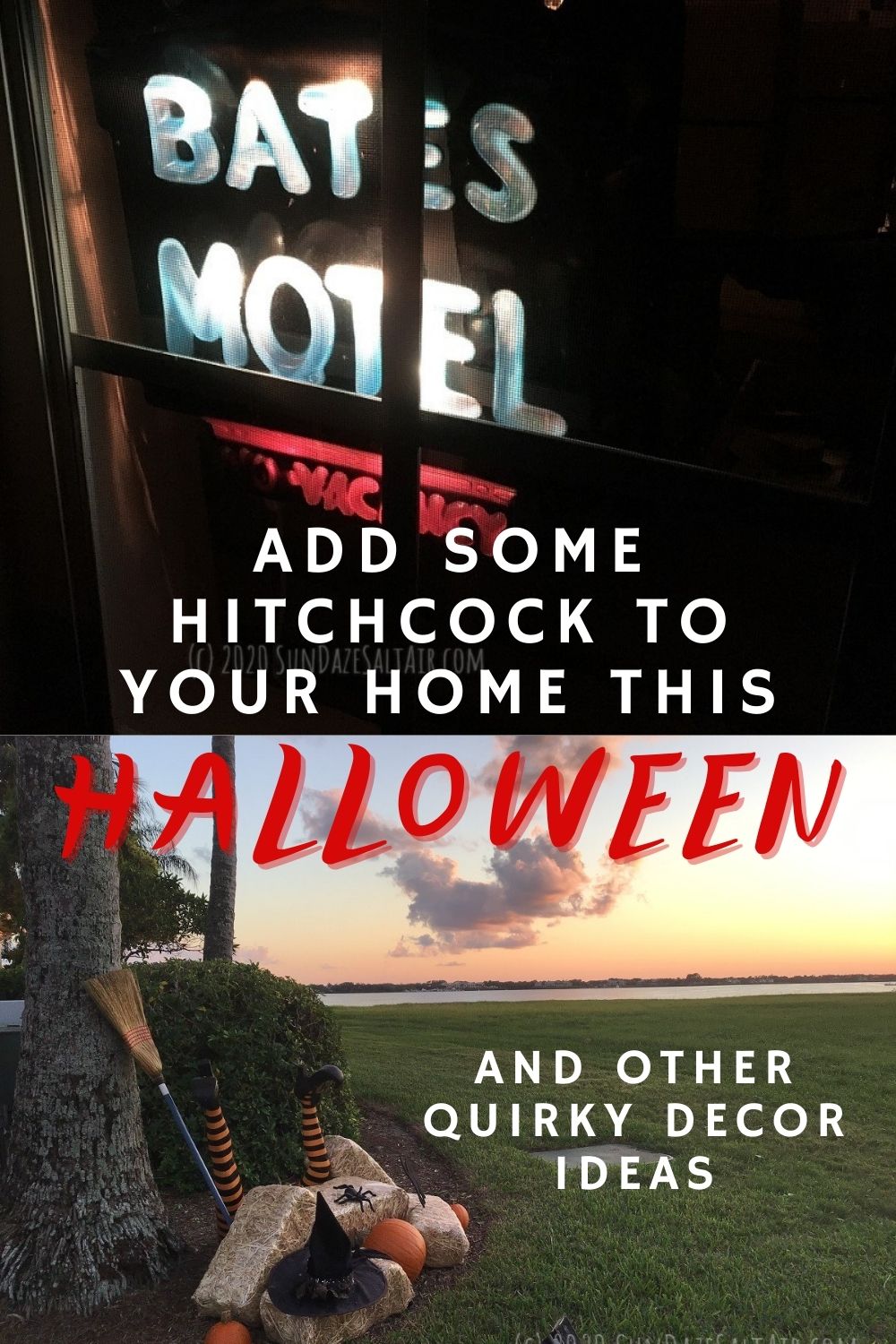 Add some Hitchcock to your home this Halloween with a Bates Motel neon window sign & other quirky decor like upside down witch leg yard stakes