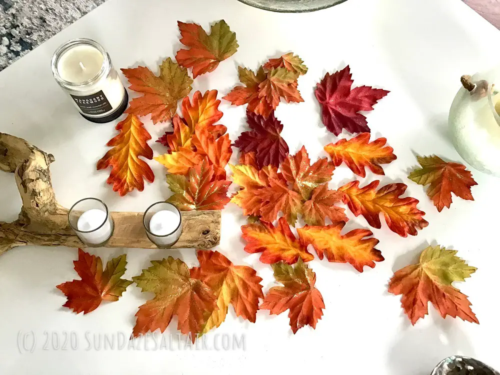 Colorful Fall Leaf Scatter Autumn Halloween Decor With Driftwood Candle Holder