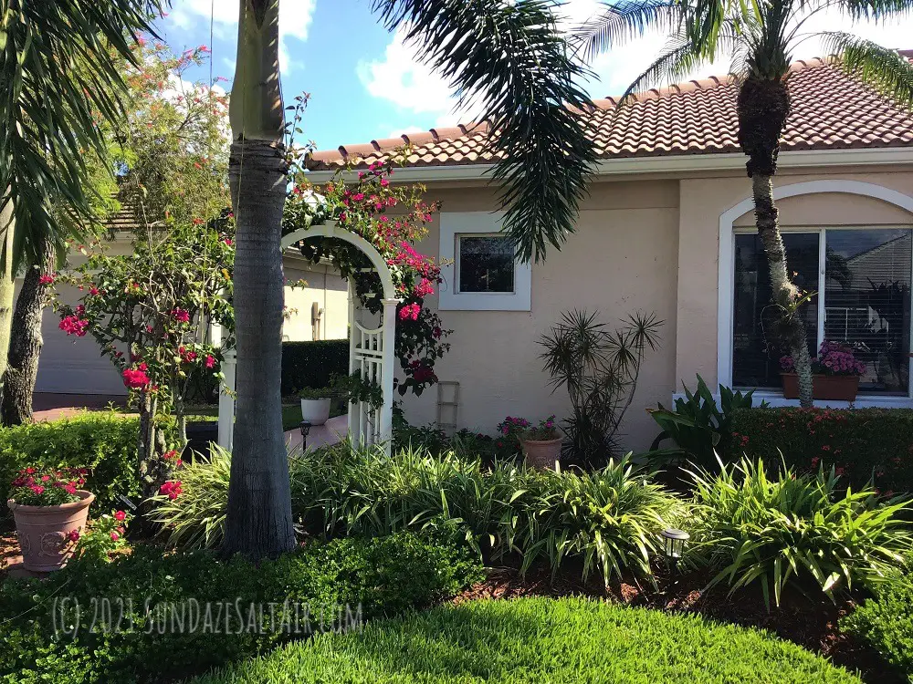 An arbor adds curb appeal as it gracefully arches cascading bougainvillea over a path leading to the front door