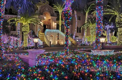 Best Colorful Landscape Lighting Ideas Plus Advantages Of Outdoor LED & Solar Color Changing Lights To Illuminate Your Landscape In Color - Gorgeous house & palm trees decorated in thousands of commercial LED lights
