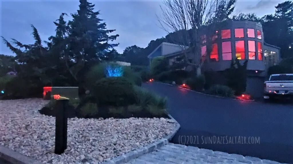 Advantages Of Outdoor LED & Solar Color Changing Lights & A Halloween Inspired Display On Contemporary Home At Dusk