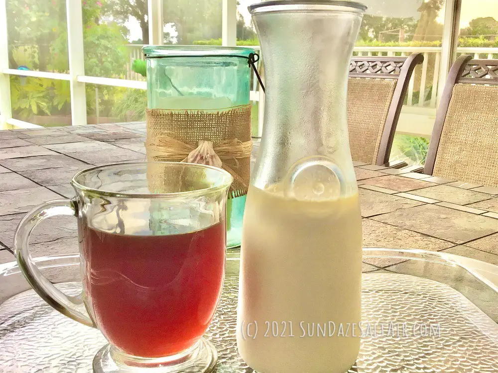 Best Healthy Homemade Coffee Creamer Made Naturally_Easy, Delicious, No Trans Fats_On Tray To Be Served Outside Looking At View