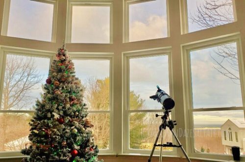 How To Decorate A Room With High Ceilings For Christmas--Flocked Christmas Tree Overlooks Picture Window Panoramic View Of Bay In Winter
